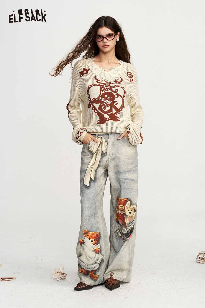 Lace Collar Bear Heart Print Long Sleeve Loose Sweater