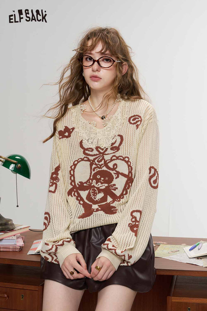 Lace Collar Bear Heart Print Long Sleeve Loose Sweater