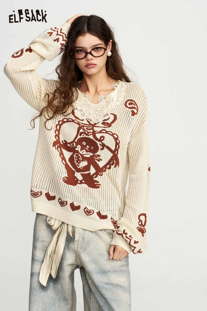 Lace Collar Bear Heart Print Long Sleeve Loose Sweater