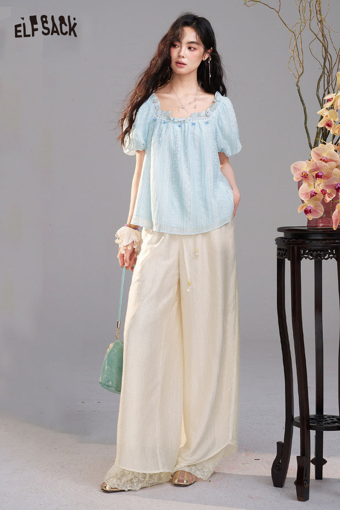 ELFSACK Lace Embroidered Square Neck Puff Sleeve Blouse