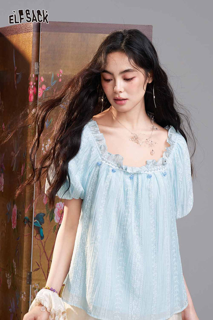 ELFSACK Lace Embroidered Square Neck Puff Sleeve Blouse