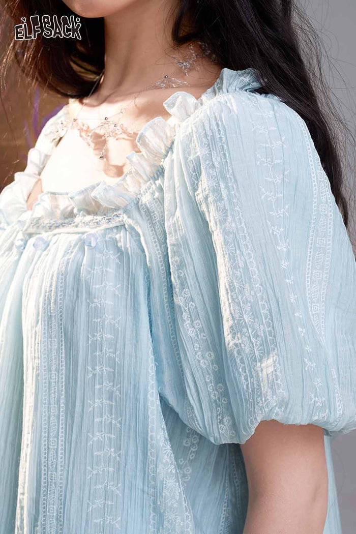ELFSACK Lace Embroidered Square Neck Puff Sleeve Blouse