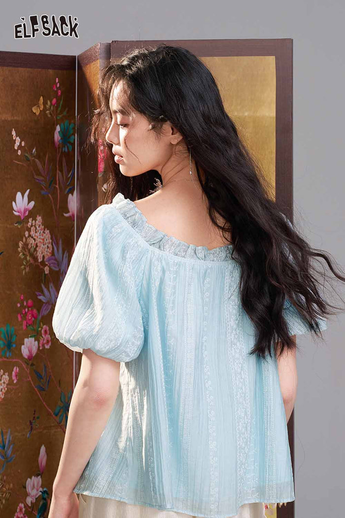 ELFSACK Lace Embroidered Square Neck Puff Sleeve Blouse