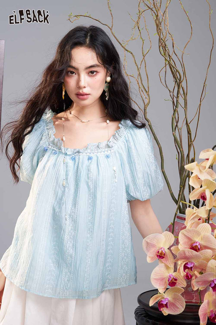 ELFSACK Lace Embroidered Square Neck Puff Sleeve Blouse