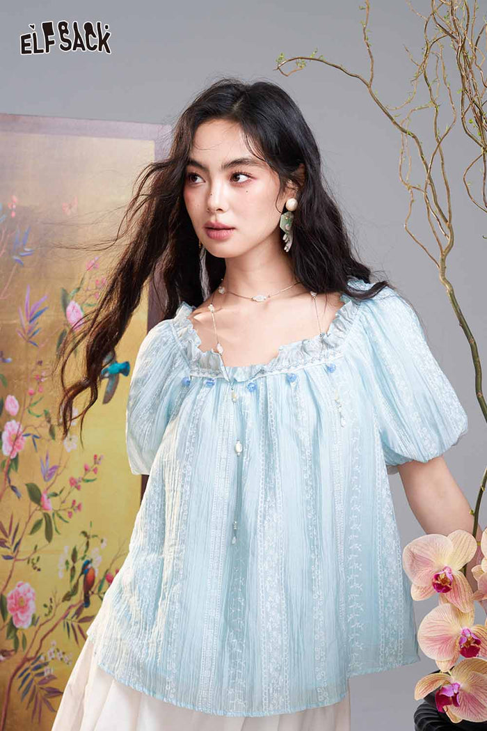 ELFSACK Lace Embroidered Square Neck Puff Sleeve Blouse