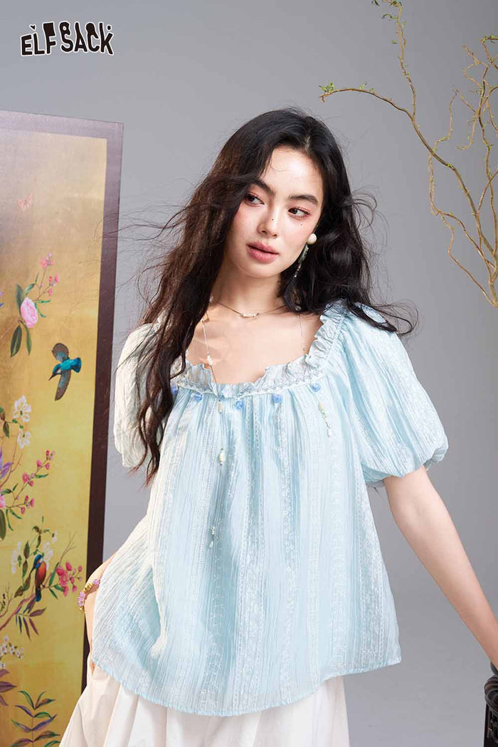 ELFSACK Lace Embroidered Square Neck Puff Sleeve Blouse