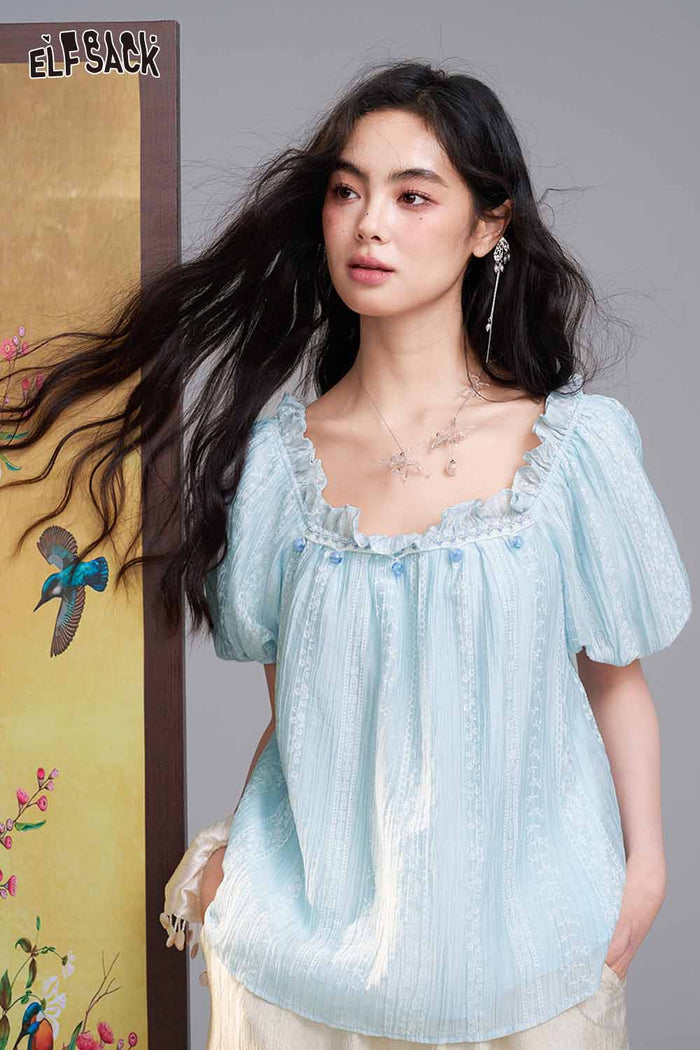 ELFSACK Lace Embroidered Square Neck Puff Sleeve Blouse