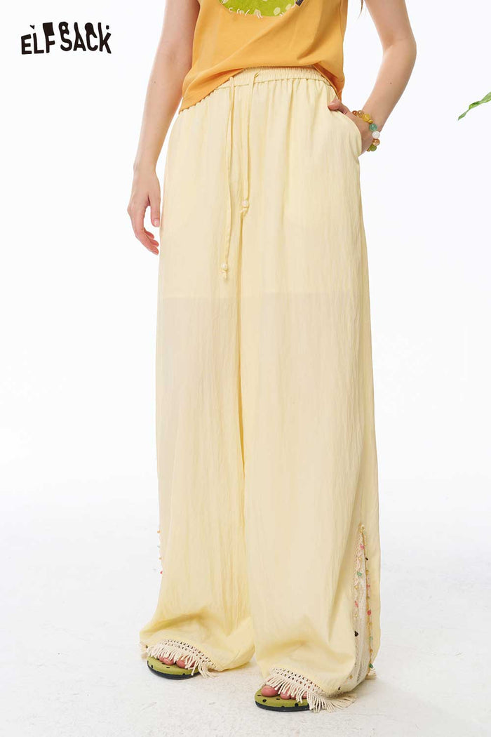ELFSACK Lace Hem Elastic Waist Wide Leg Pants
