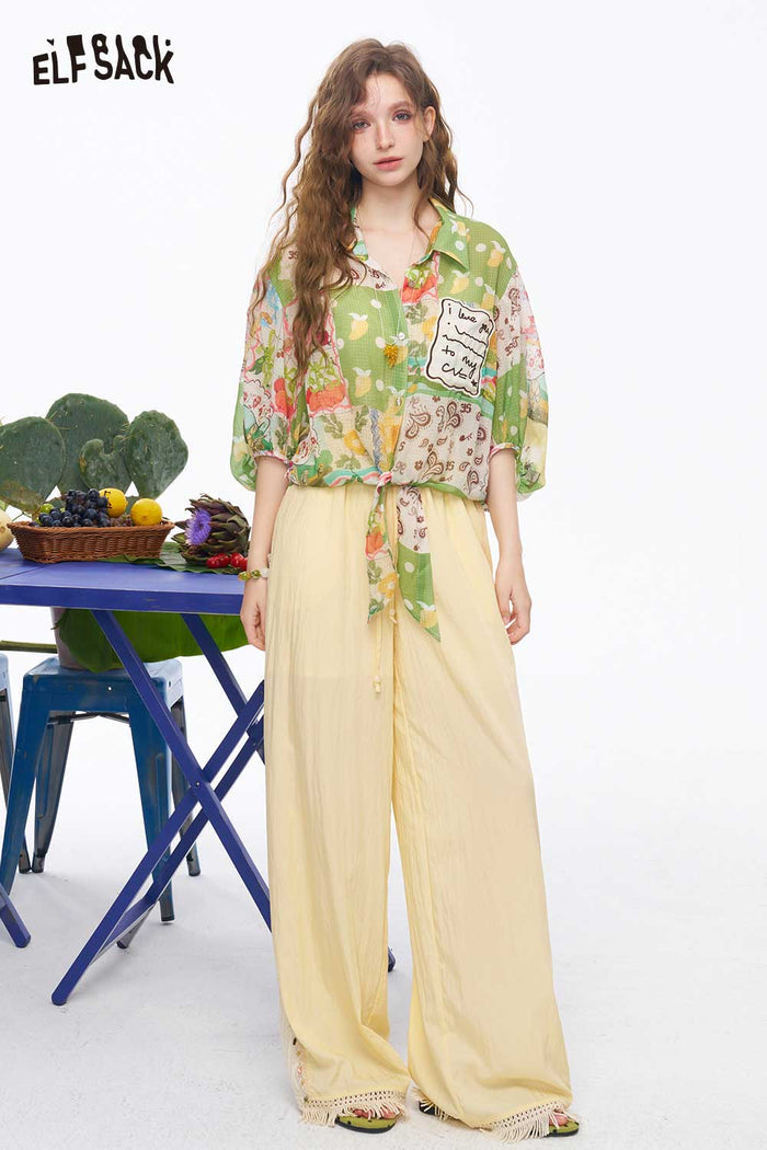 ELFSACK Lace Hem Elastic Waist Wide Leg Pants