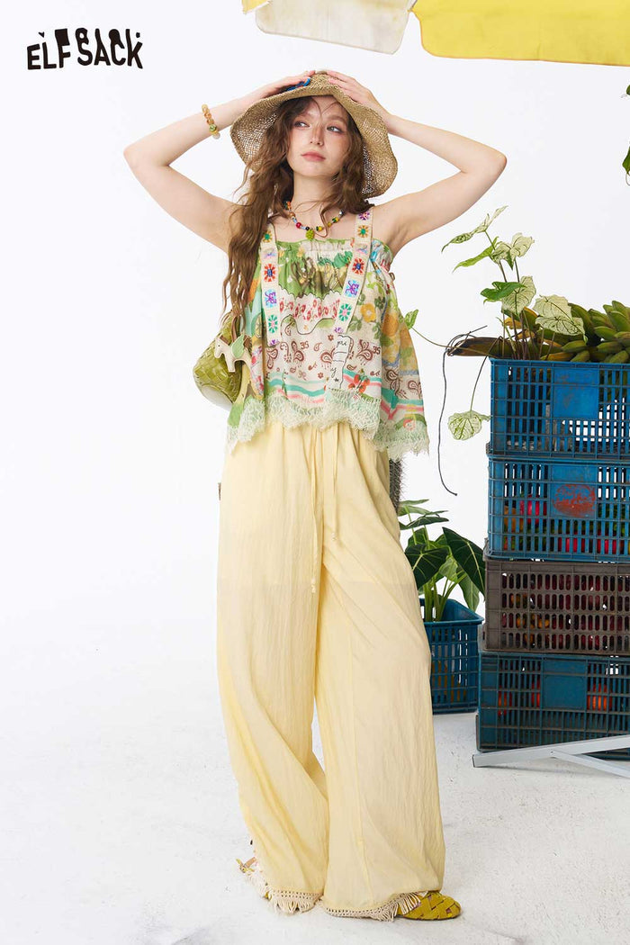 ELFSACK Lace Hem Elastic Waist Wide Leg Pants