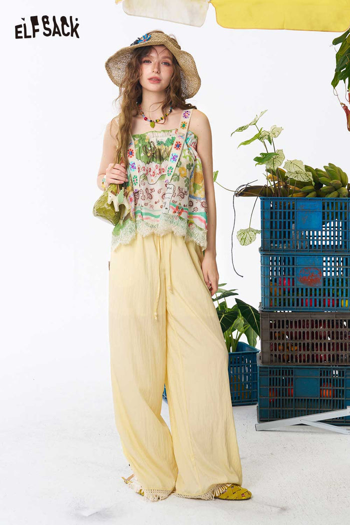 ELFSACK Lace Hem Elastic Waist Wide Leg Pants