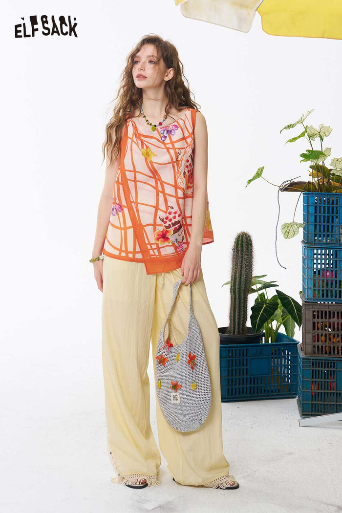 ELFSACK Lace Hem Elastic Waist Wide Leg Pants