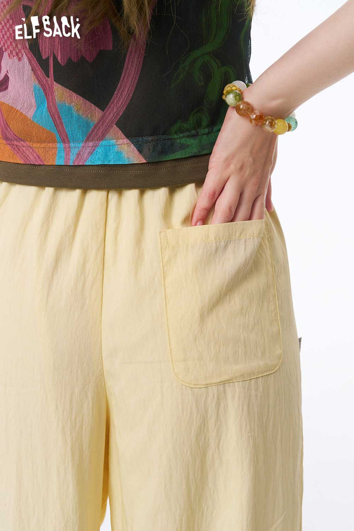 ELFSACK Lace Hem Elastic Waist Wide Leg Pants
