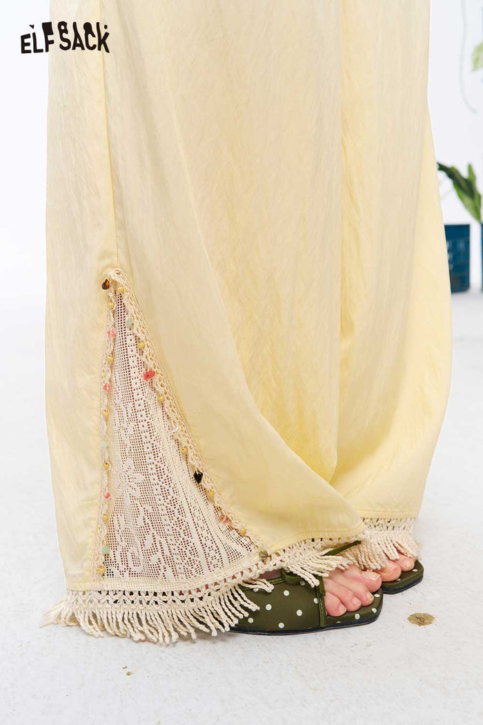ELFSACK Lace Hem Elastic Waist Wide Leg Pants