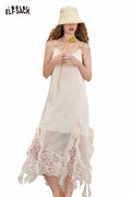 ELFSACK Lace Mesh Patchwork Halter Sleeveless Jacquard Midi Dress