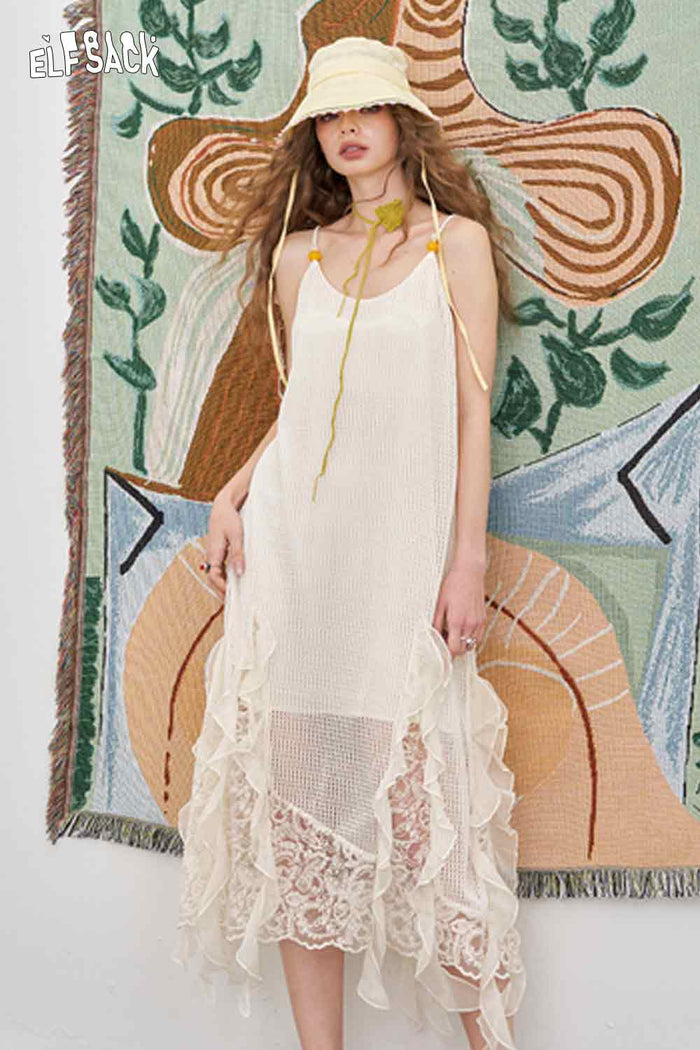 ELFSACK Lace Mesh Patchwork Halter Sleeveless Jacquard Midi Dress