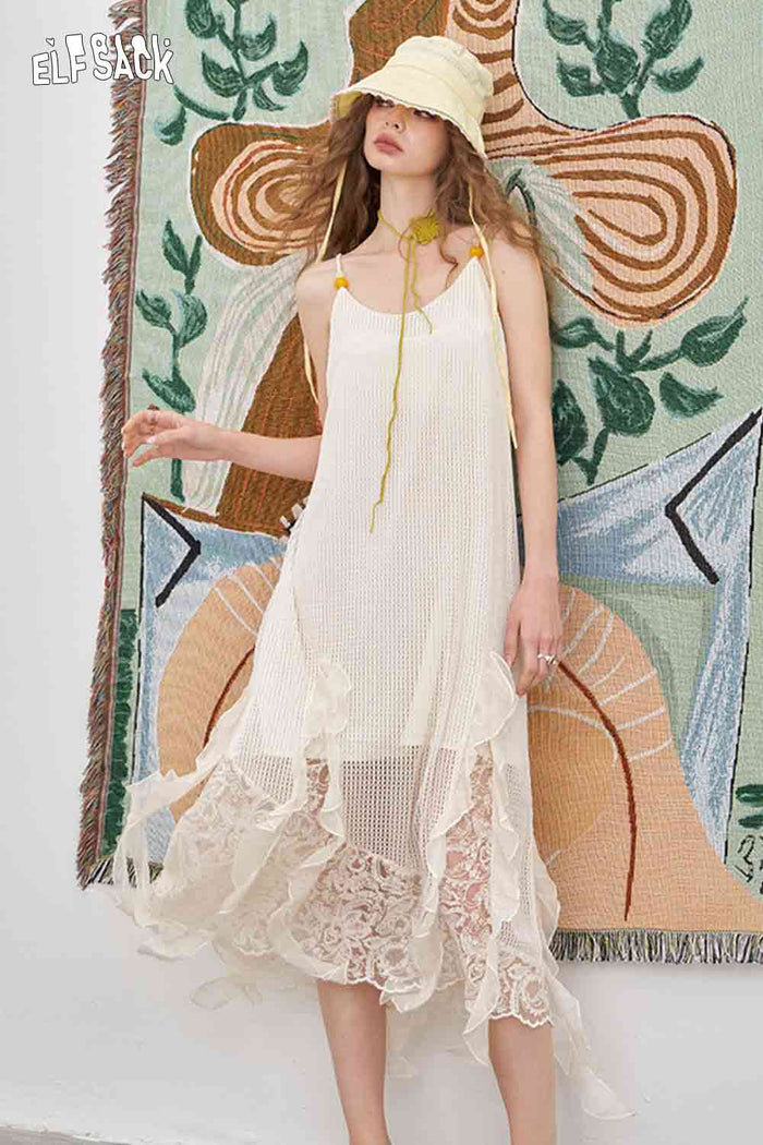 ELFSACK Lace Mesh Patchwork Halter Sleeveless Jacquard Midi Dress