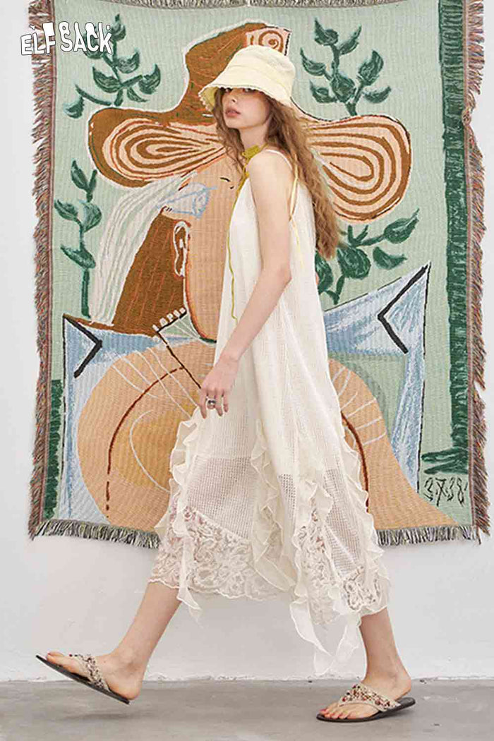 ELFSACK Lace Mesh Patchwork Halter Sleeveless Jacquard Midi Dress