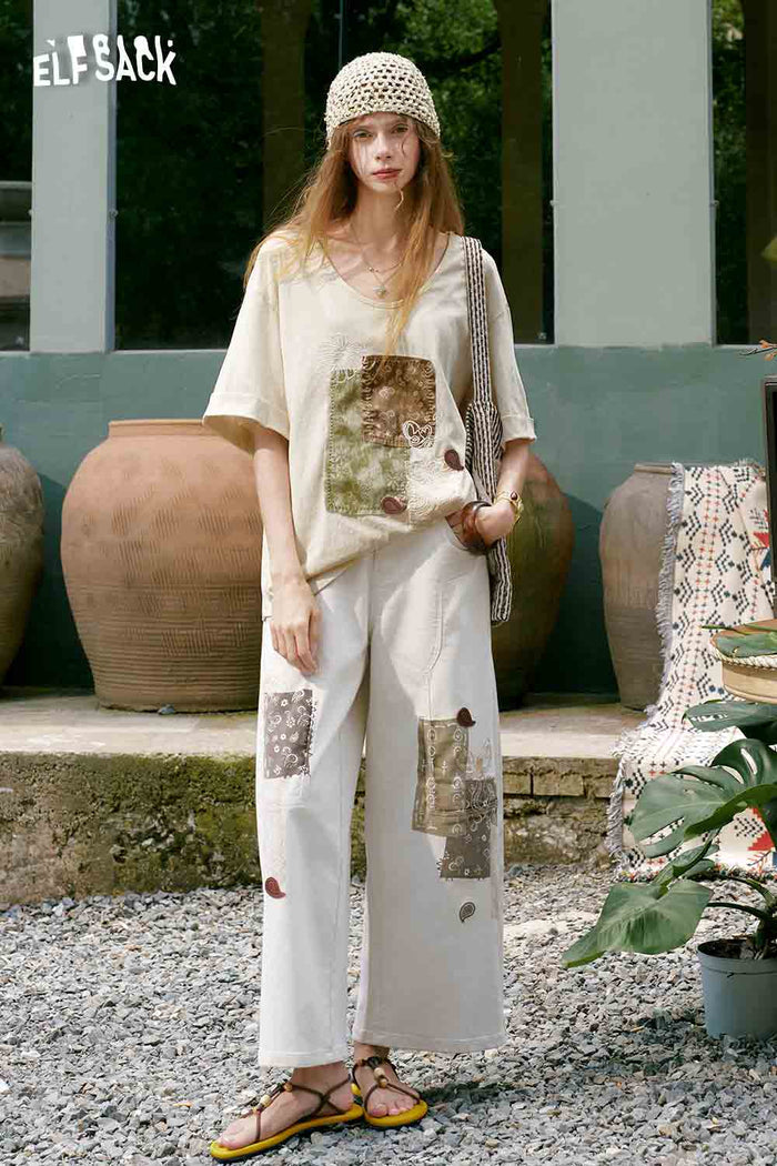 ELFSACK Lace Patch High Waist Barrel Jeans