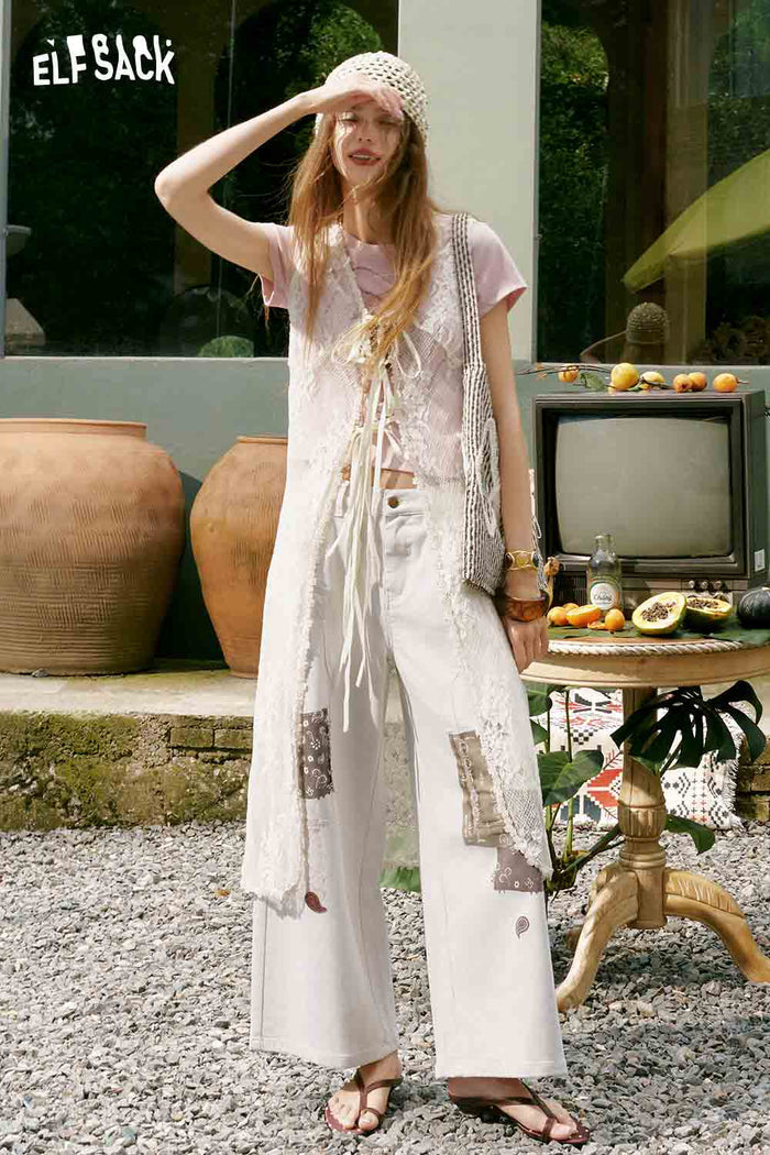 ELFSACK Lace Patch High Waist Barrel Jeans