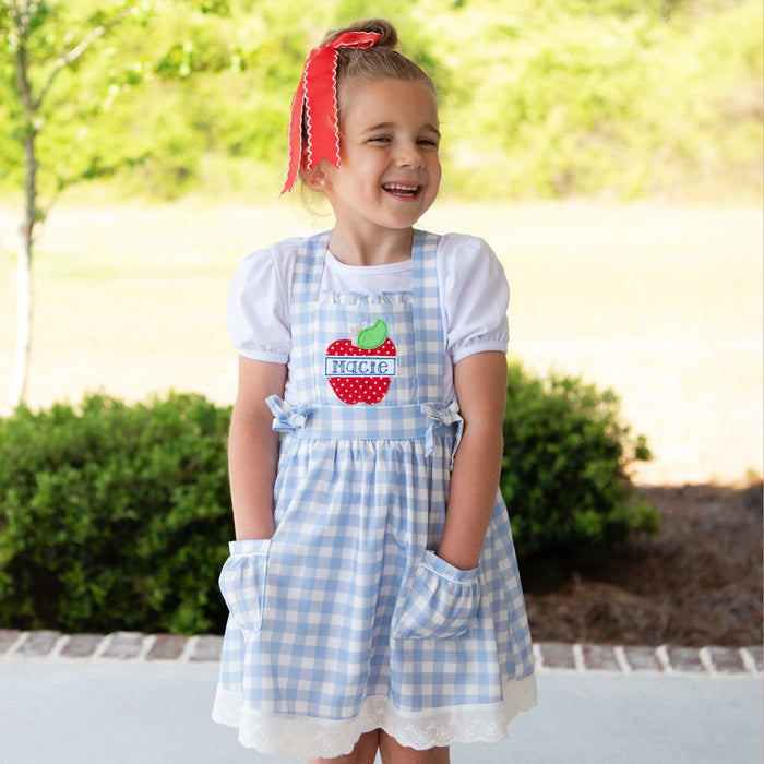 Lace Pinafore - Back to School Blue Gingham - Sugar Bee Clothing