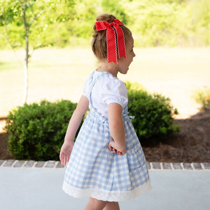 Lace Pinafore - Back to School Blue Gingham - Sugar Bee Clothing