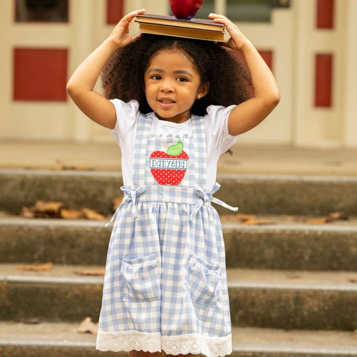Lace Pinafore - Back to School Blue Gingham - Sugar Bee Clothing