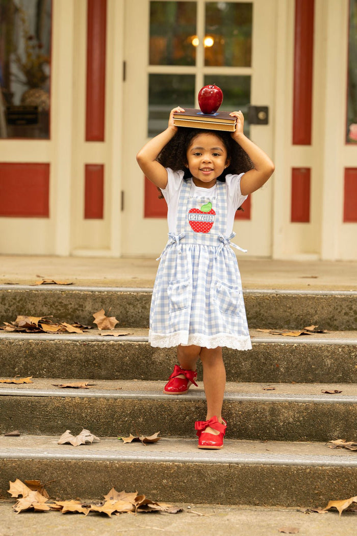 Lace Pinafore - Back to School Blue Gingham - Sugar Bee Clothing