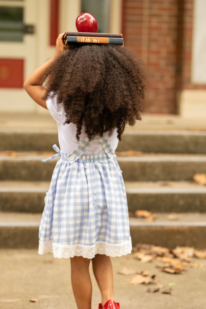 Lace Pinafore - Back to School Blue Gingham - Sugar Bee Clothing