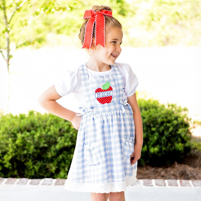 Lace Pinafore - Back to School Blue Gingham - Sugar Bee Clothing