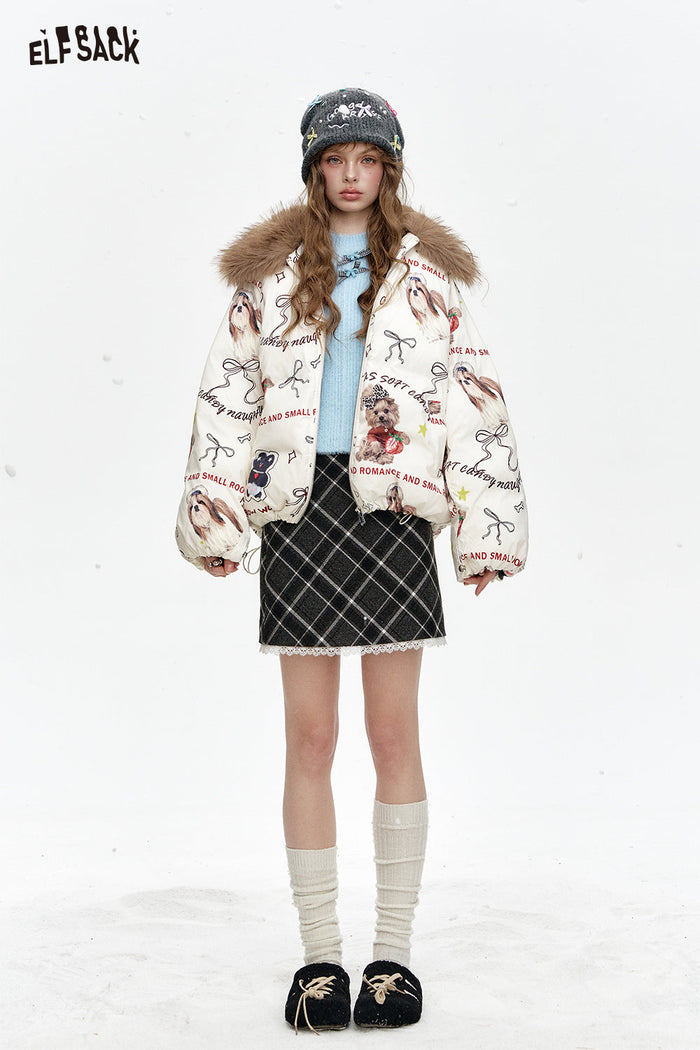 ELFSACK Lace stitching gray plaid short A-line skirt
