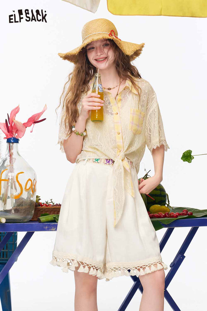 ELFSACK Lace Tassel Hem Wide Leg Shorts