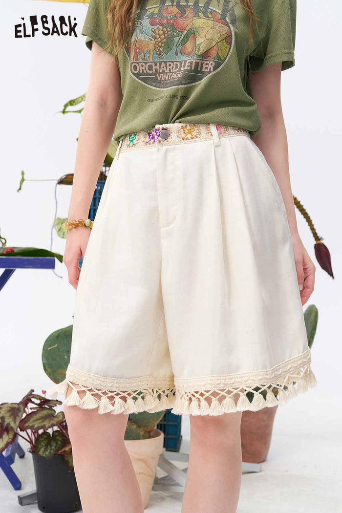 ELFSACK Lace Tassel Hem Wide Leg Shorts