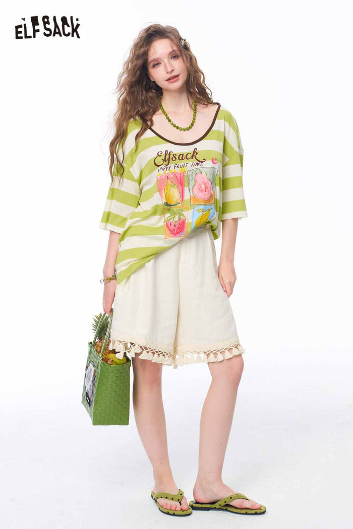 ELFSACK Lace Tassel Hem Wide Leg Shorts
