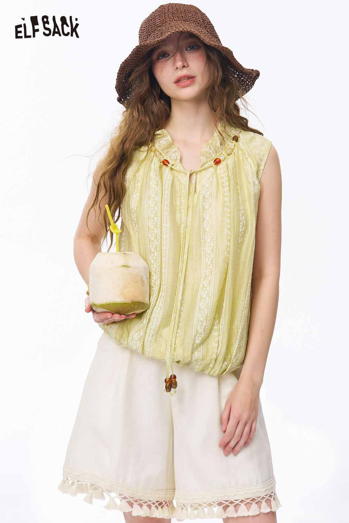 ELFSACK Lace Tassel Hem Wide Leg Shorts