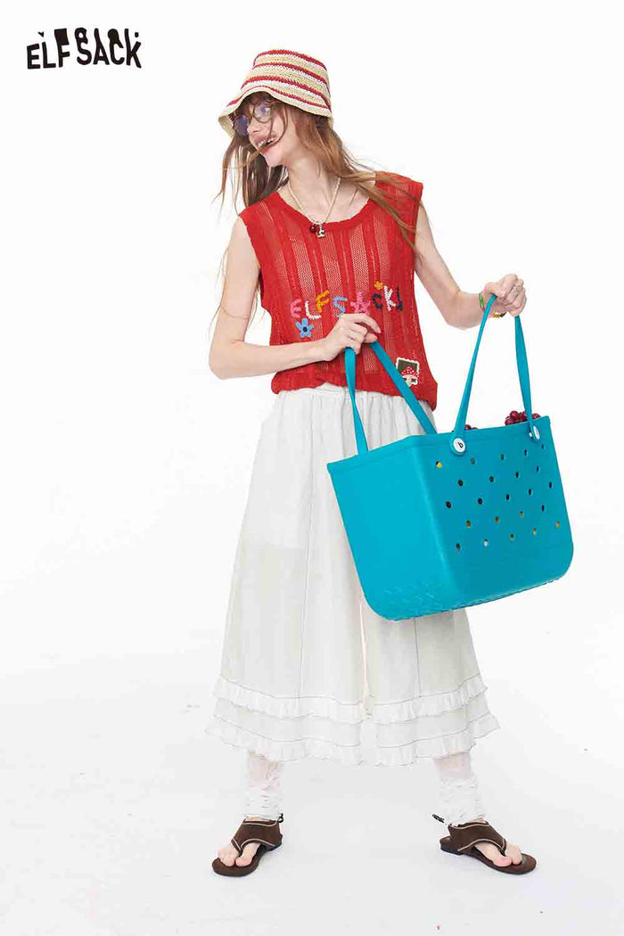 ELFSACK Lace Tiered Elastic Drawstring Linen Pant