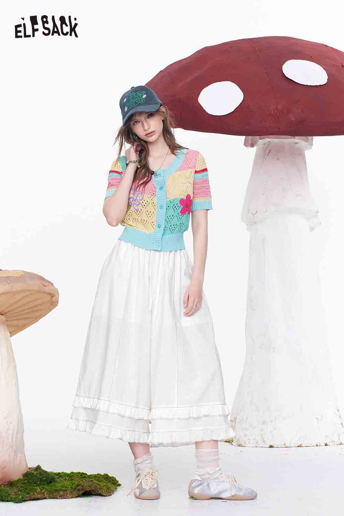 ELFSACK Lace Tiered Elastic Drawstring Linen Pant