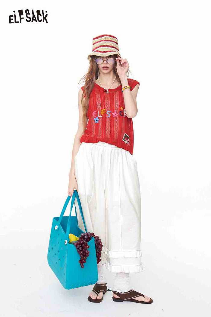 ELFSACK Lace Tiered Elastic Drawstring Linen Pant