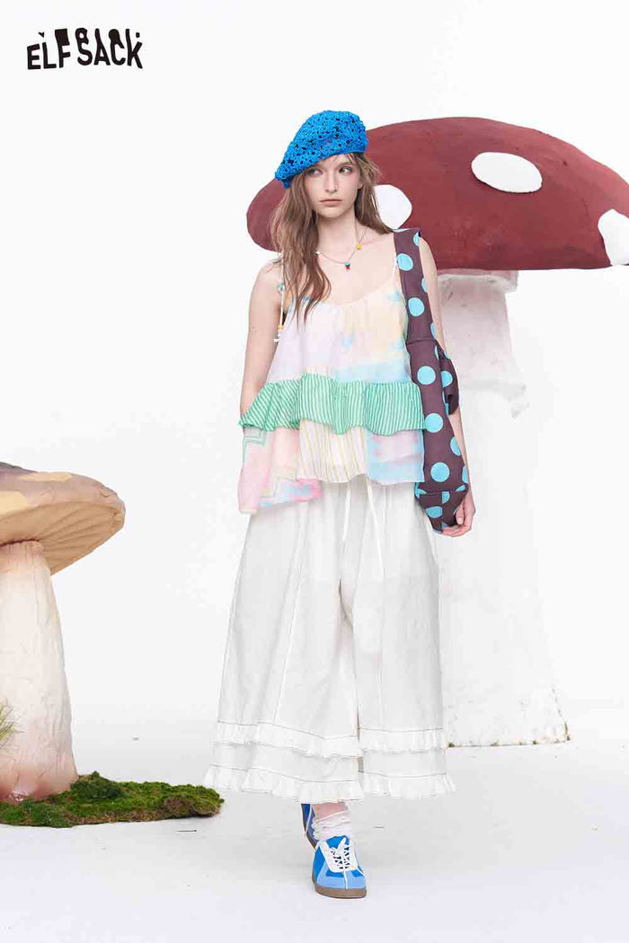ELFSACK Lace Tiered Elastic Drawstring Linen Pant