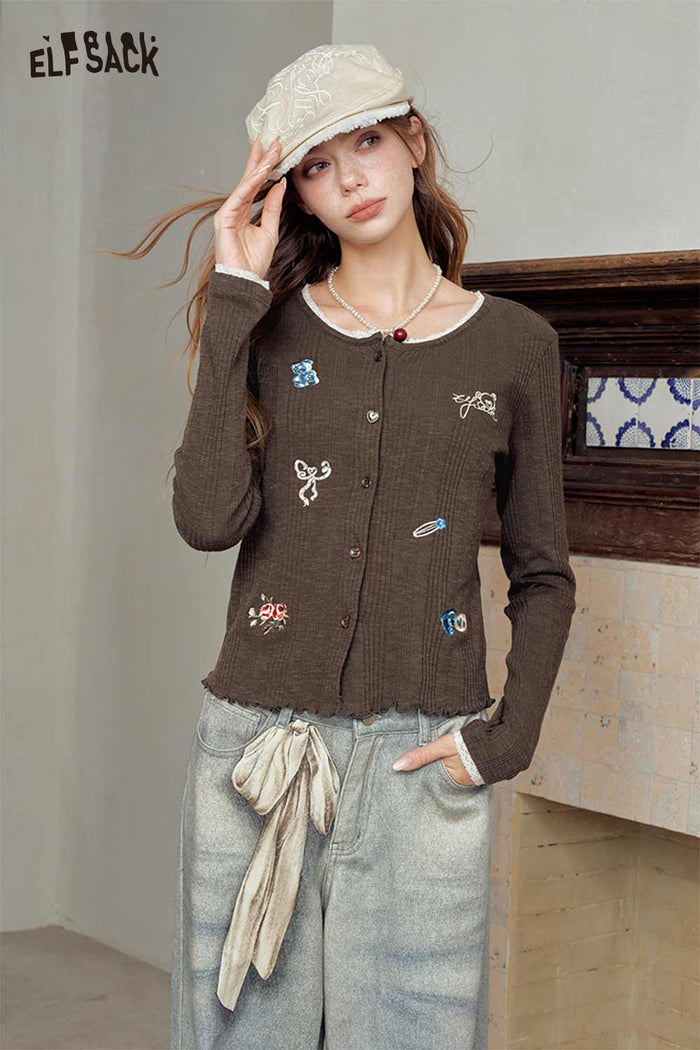 Lace Trim Cartoon Embroidered Crop Cardigan