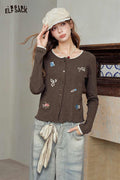 Lace Trim Cartoon Embroidered Crop Cardigan