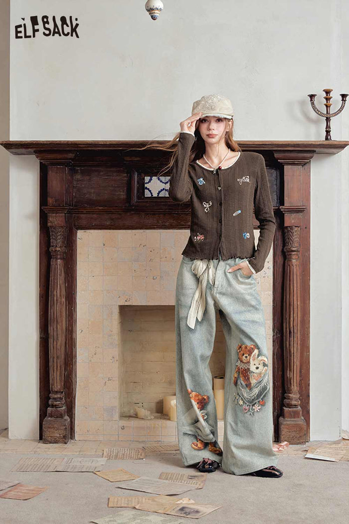 Lace Trim Cartoon Embroidered Crop Cardigan