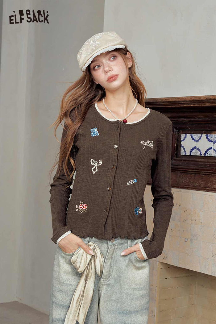 Lace Trim Cartoon Embroidered Crop Cardigan