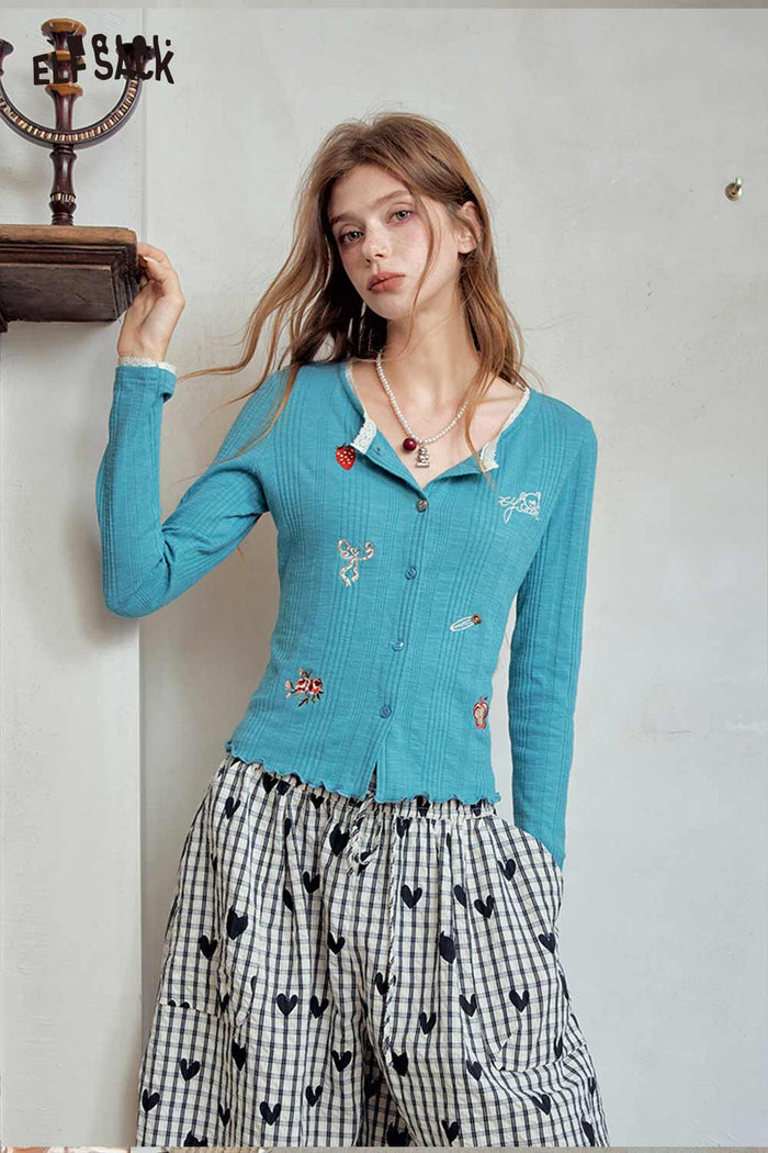 Lace Trim Cartoon Embroidered Crop Cardigan