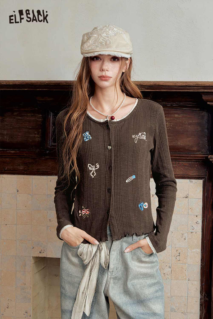 Lace Trim Cartoon Embroidered Crop Cardigan