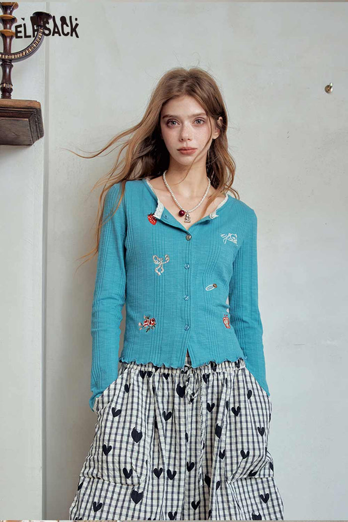 Lace Trim Cartoon Embroidered Crop Cardigan