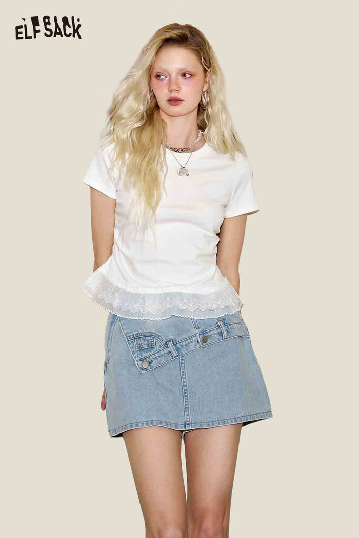 ELFSACK Lace Trim Hem Crew Neck Tee