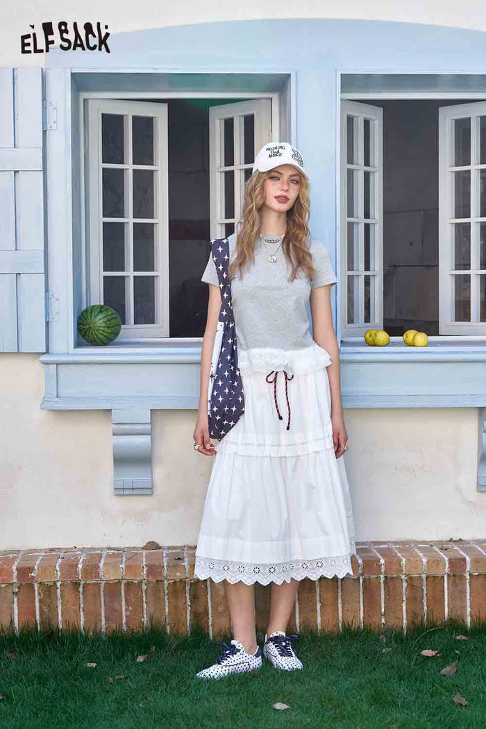 ELFSACK Lace Trim Hem Crew Neck Tee