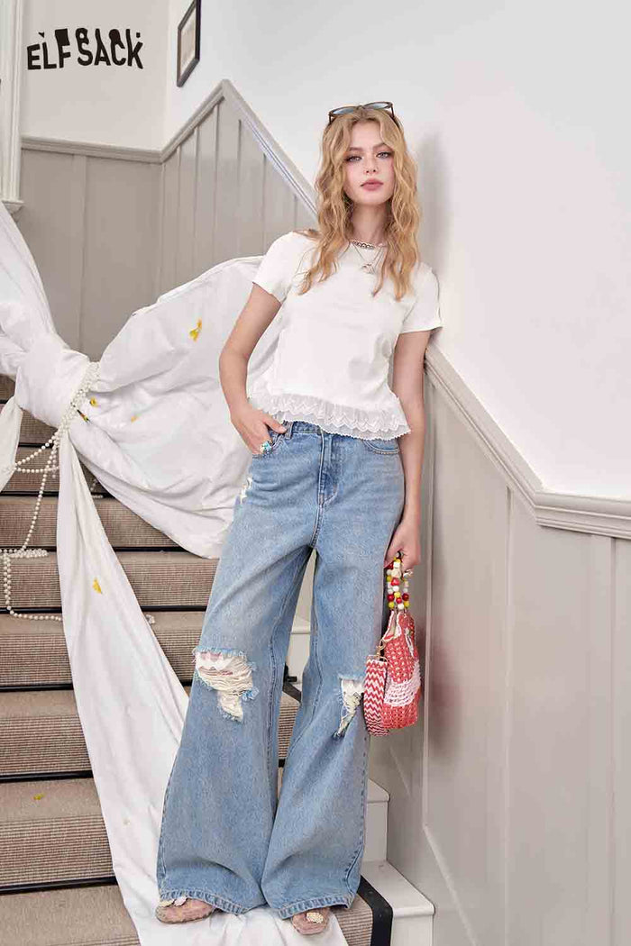 ELFSACK Lace Trim Hem Crew Neck Tee