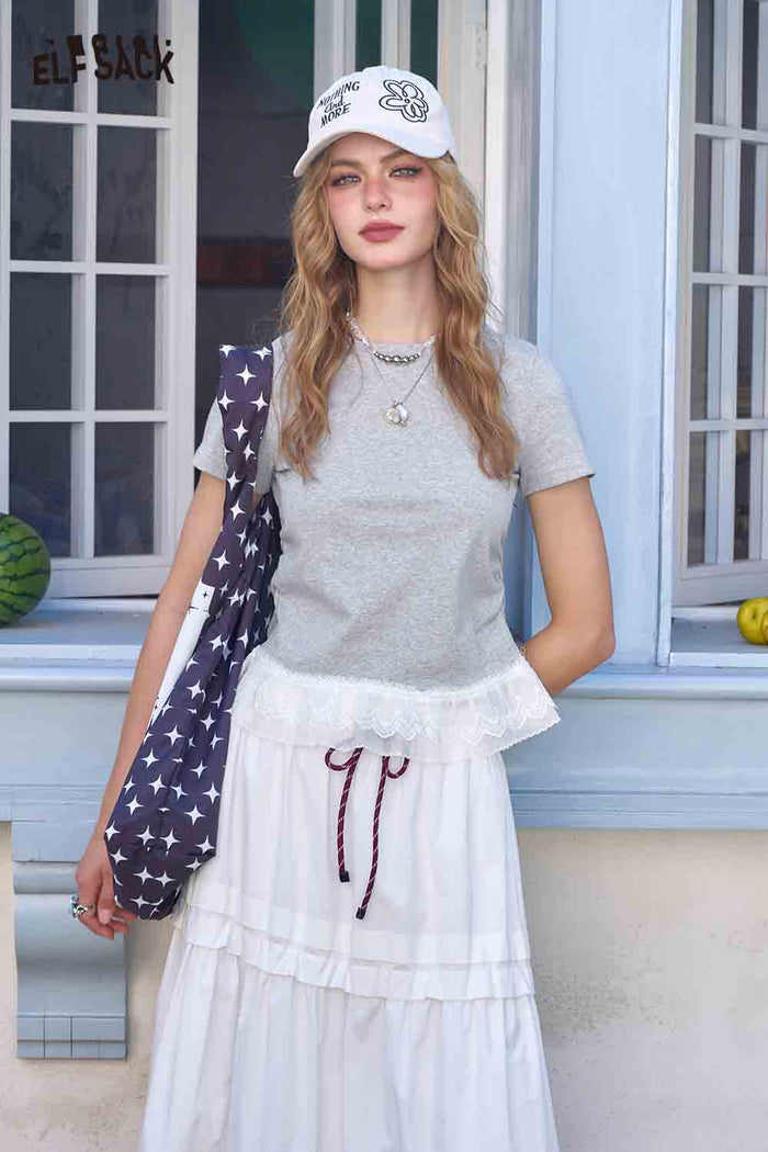 ELFSACK Lace Trim Hem Crew Neck Tee